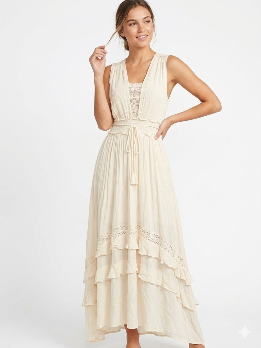 Ces Femme Cream Tiered Lace-Trim Maxi Dress